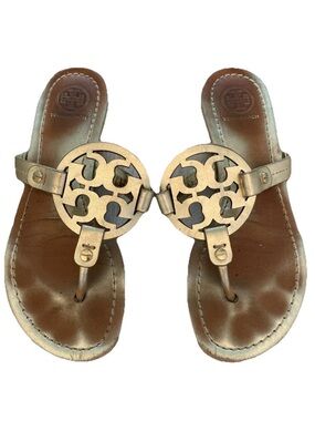 Tory Burch Miller Metallic Gold Logo Cutout Thong Sandals Size 5.5 M